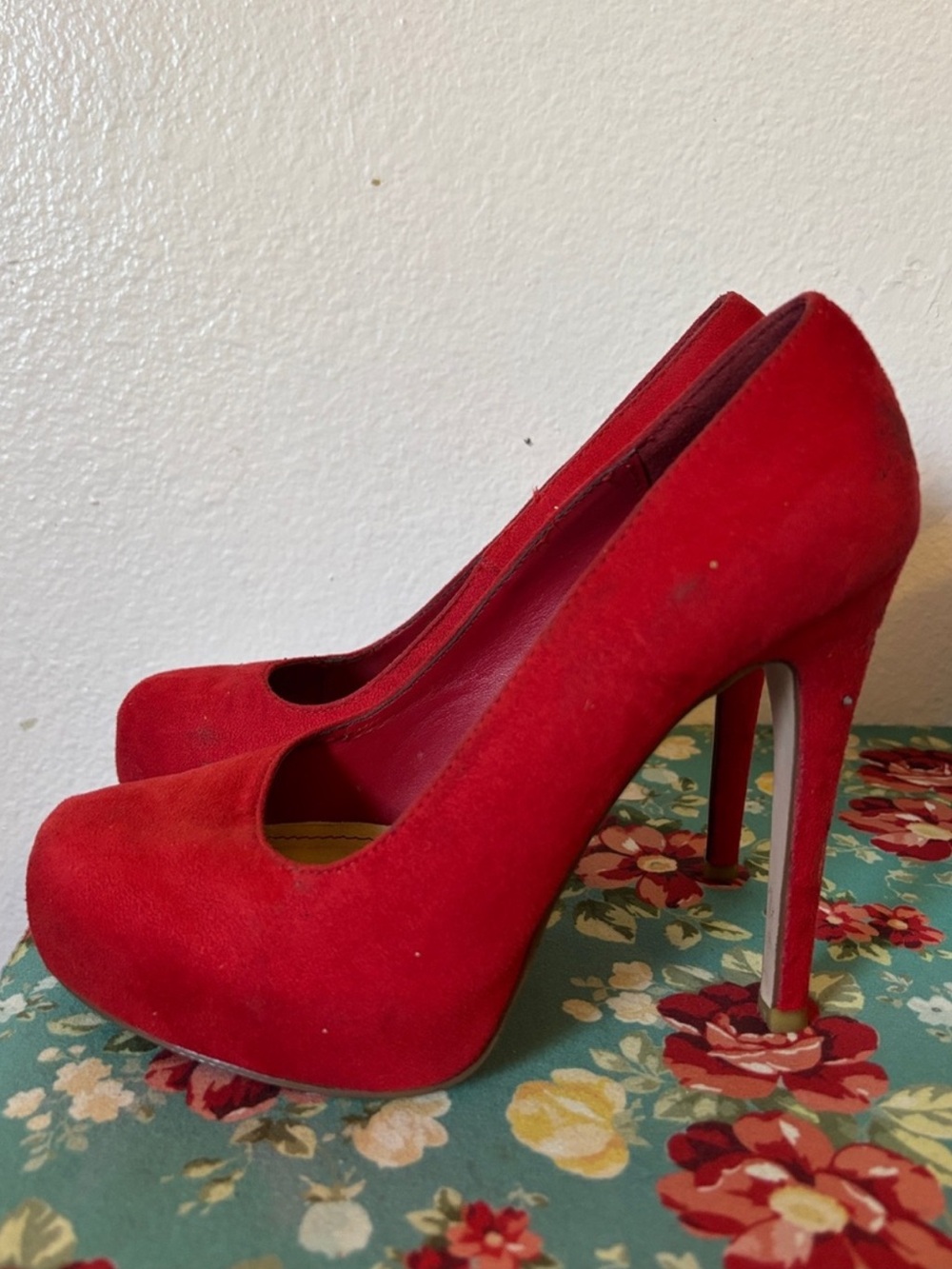 Delicious Red Suede High Heels, Stilettos 5” Heel, Size 7